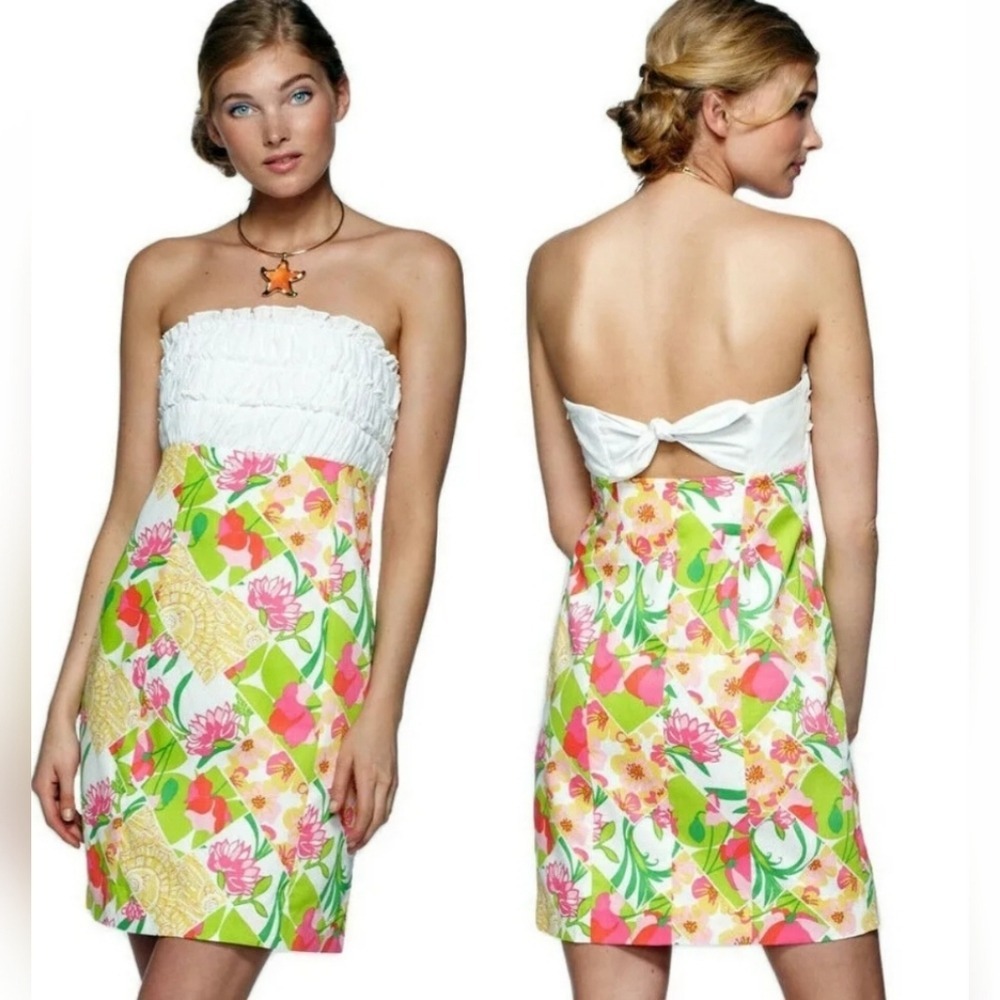 Lilly Pulitzer Strapless Floral Patchwork Dress White Ruffle Tie Back Size 8